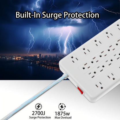 Surge Protector Power Strip with USB C Ports 22 AC Outlets 5 USB Ports - 6ft Flat Plug Extension Cord PD 20W Fast Charging 1875W 15A - Heavy Duty Wall Mount Under Desk Power Strip White