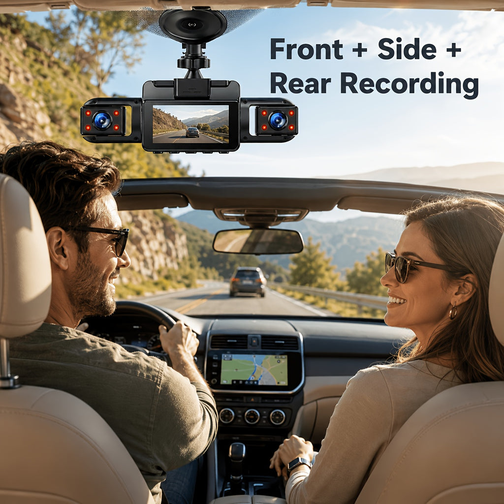Multi-Angle Dash Cam with Four Lenses (Front, Rear, Left, Right), 1080P HD, Wide-Angle Lens, Night Vision, 24-Hour Parking Mode (Memory Card Not Included)
