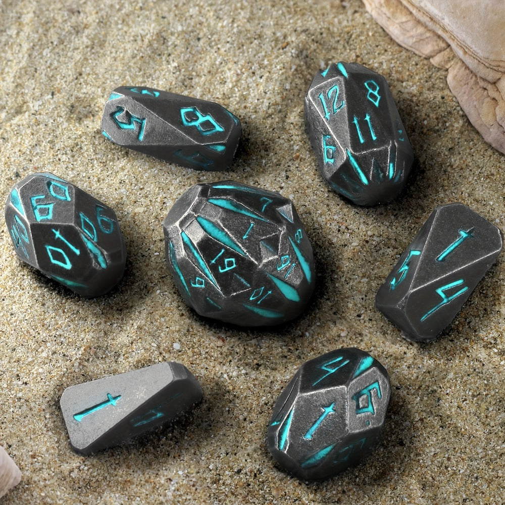 Metal DnD Dice Set 7pcs Glow in the Dark – Stonehenge Zinc Alloy Polyhedral Dice with Display Box, D4 D6 D8 D10 D12 D20 for D&D RPG Tabletop Games, Unique Gamer Gift Blue