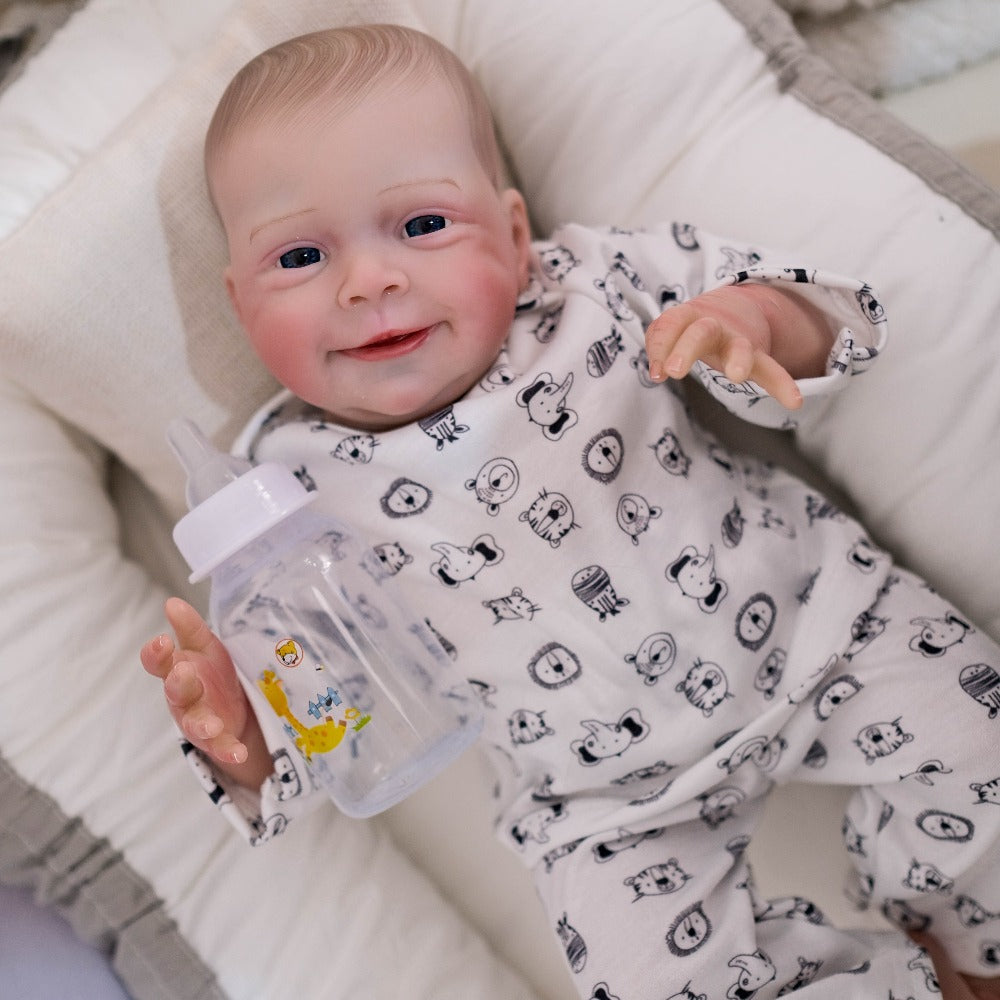 Cloth Body Reborn Baby Doll 19 Inch Soft Vinyl Limbs Hand-Painted Smiling Newborn Girl with Clothes Pacifier Bottle Birth Certificate – Huggable Lifelike Baby Doll Gift for Kids Birthday Christmas