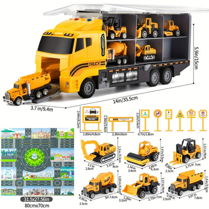 13-in-1 Construction Truck Vehicle Toy Set with Die-Cast Metal Cars & Play Mat – Transport Carrier Playset for Toddlers & Kids Ages 3+ STEM Learning Gift Boys Girls