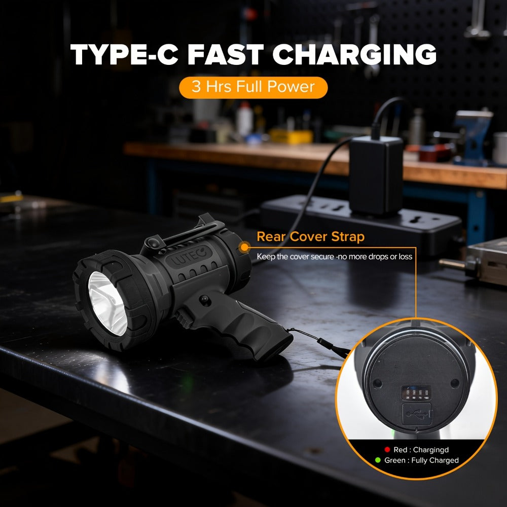 Rechargeable Spotlight Flashlight 1500LM Extremely Bright Handheld Searchlight – 4 Modes, Foldable Stand, Red Light Filter, USB Rechargeable Portable Spotlight for Camping Hunting Emergency Outdoor Use