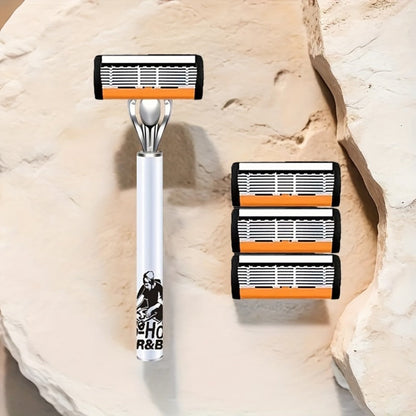 6-Layer Blade Men's Razor Set with Lubricating Strip 2 Handles & 36 or 72 Replacement Blades – Smooth Close Shave Contour-Fitting Ergonomic Manual Shaver for Men Daily Grooming