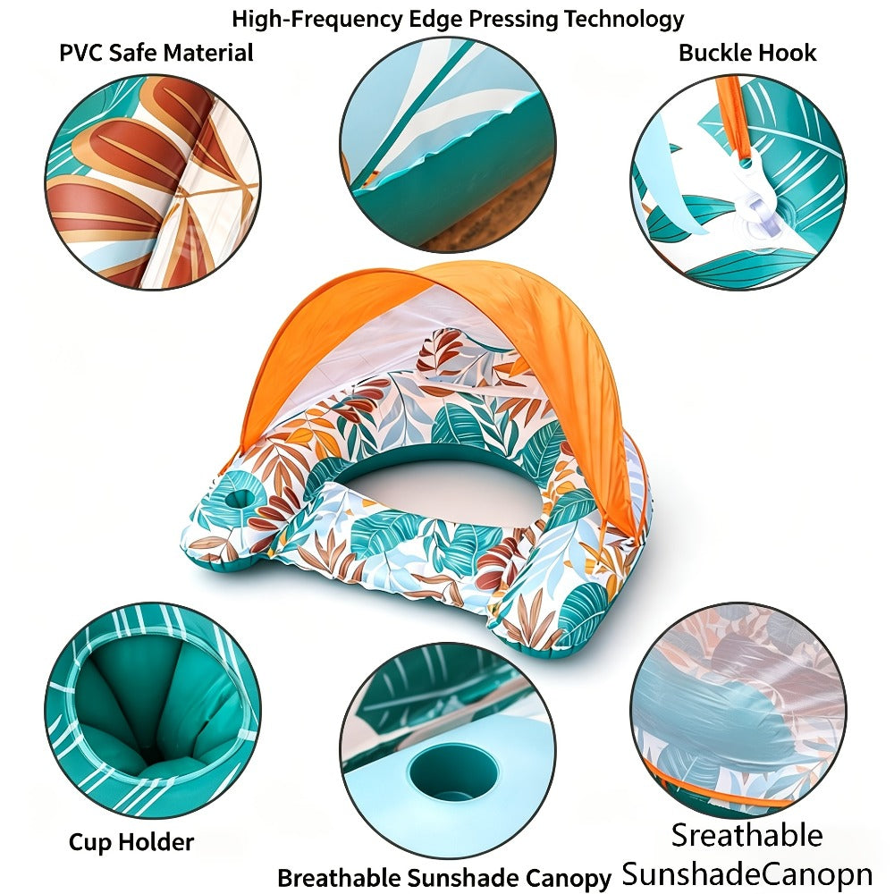 Inflatable Pool Lounger with Canopy for Adults – Tropical Leaf Floating Chair with Cup Holder & Sun Shade, Summer Pool Beach Lake Water Toy, Birthday Gift for Women Men (Green & Blue)