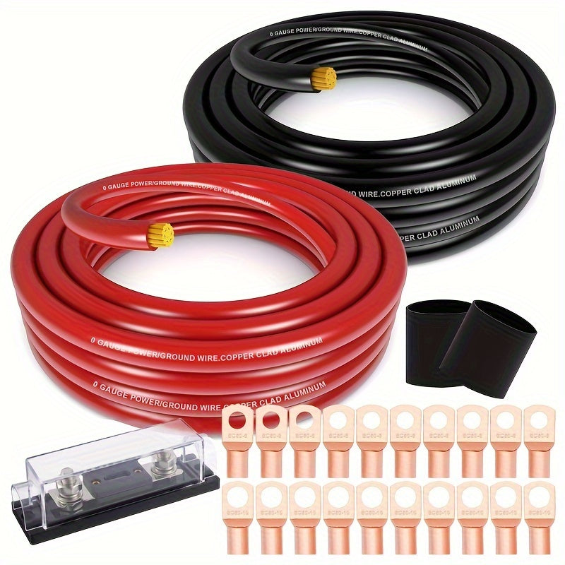 1/0 Gauge Copper-Clad Aluminum (CCA) Wire, (20ft Red + 20ft Black), (25ft Black + 25ft Red), with 20 Terminals, 20 Heat-shrink Tubes, And 1 Fuse Box; Battery Power/ground Cables, Car Audio Speakers, RV/trailer Amp Wiring Kits