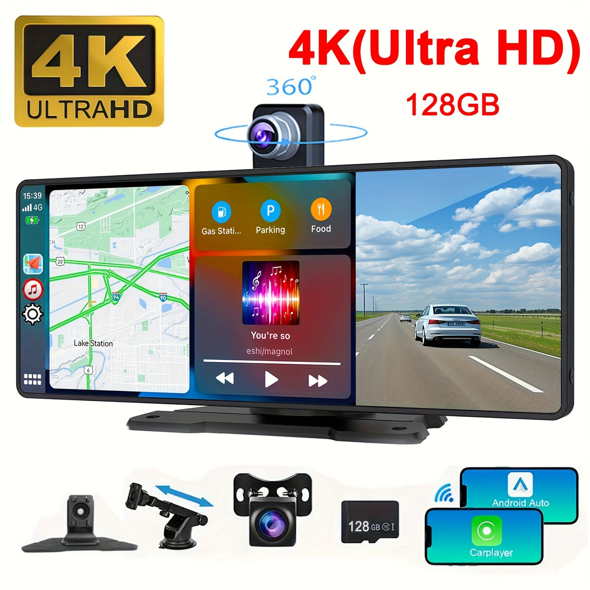 10.26 Inch 4K Ultra HD/7 Inch 1080P Portable Car Stereo with Wireless Carplay Screen, Carplay Radio Touchscreen, Car Video Players for Any Car, Without Battery