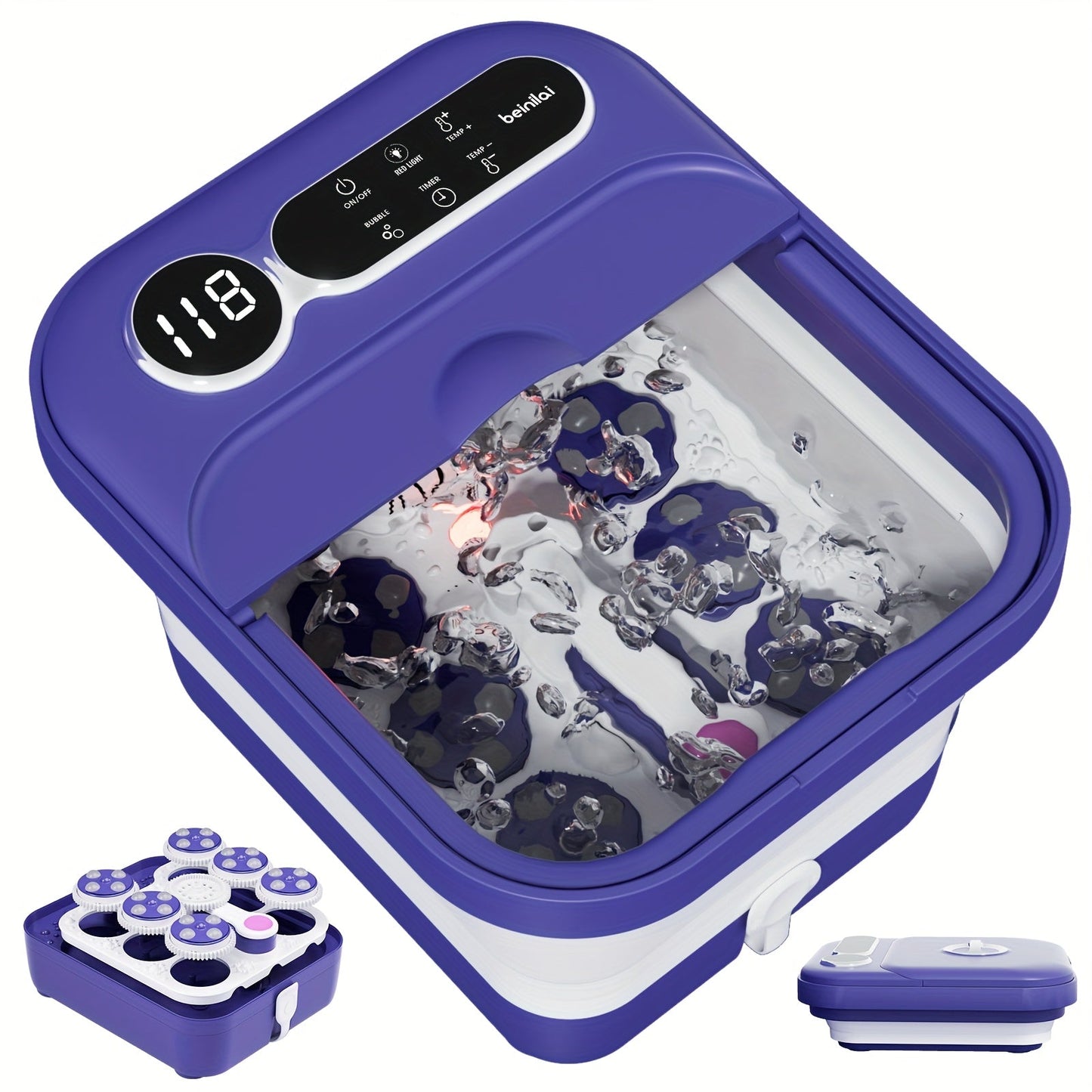 Foot Spa Massager Collapsible with Heater & Temperature Control – Foot Bath with Bubbles, 6 Massage Rollers, Vibration, Red Light Therapy & Auto Massage for Home Foot Care, Black Blue