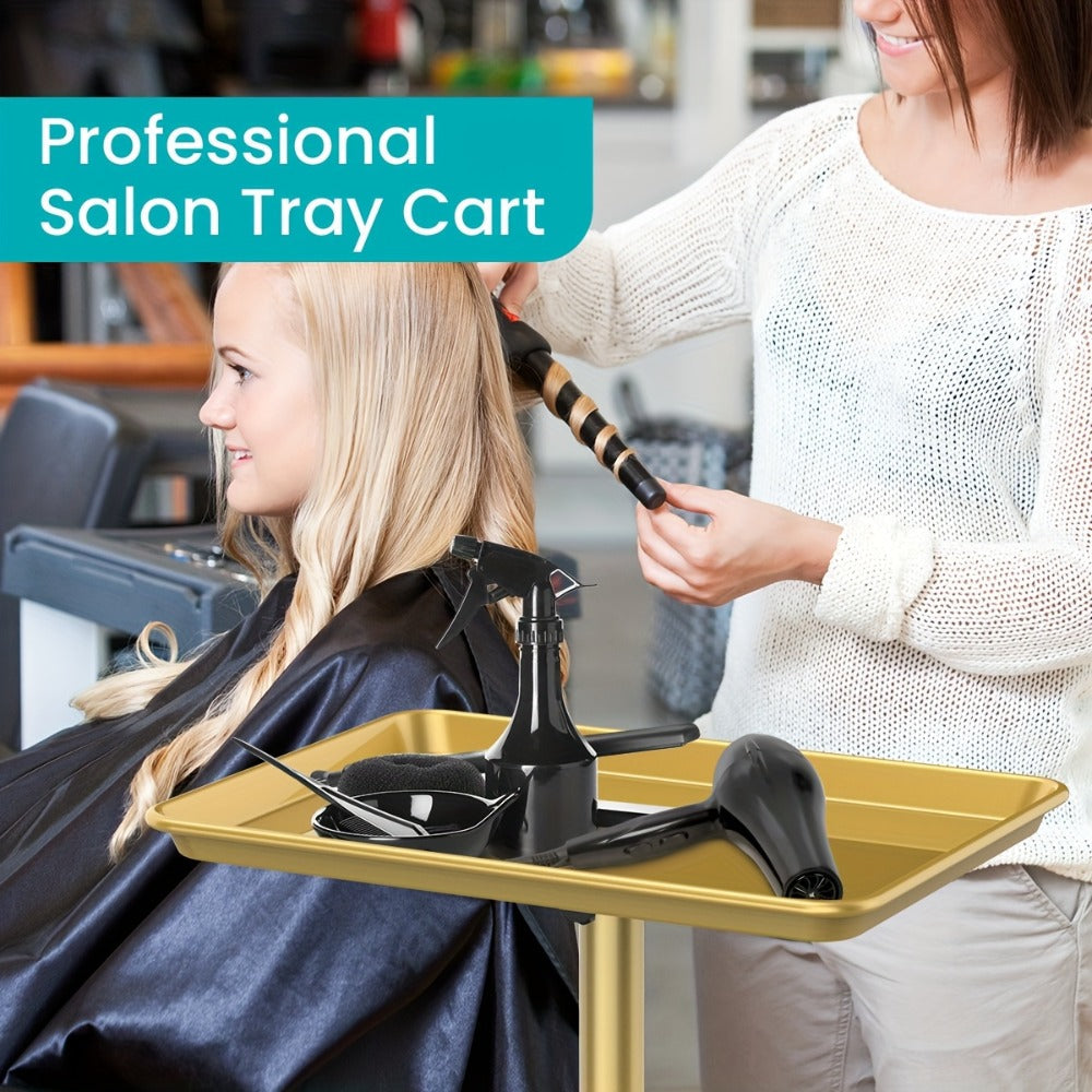 Salon Rolling Tray Cart with Wheels & Adjustable Height 30"-42" - Professional Trolley with Removable 18"x13" Tray, 360° Swivel Casters for Hair Stylist Tattoo Esthetician, Gold & Black