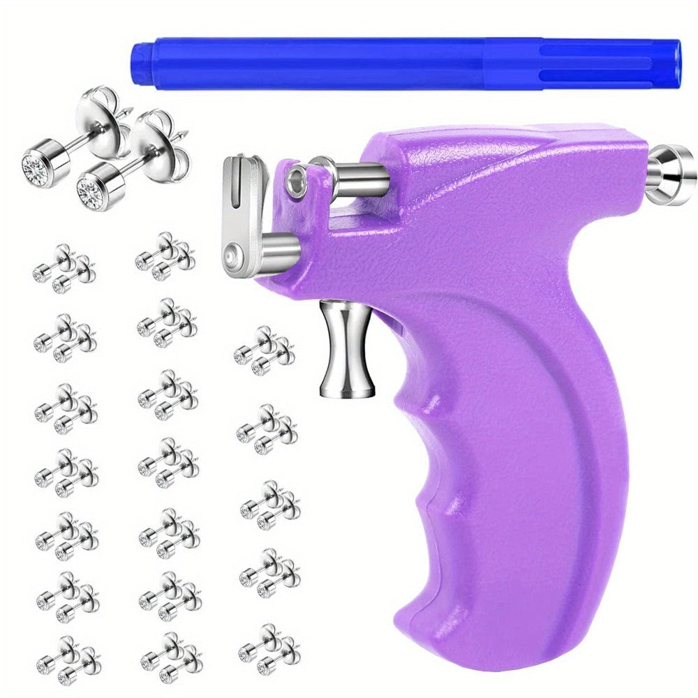 Ear Piercing Gun Kit with 24pcs Stainless Steel Studs – Professional Self Piercing Tool for Ear & Nose with Marking Pen, Safe & Easy to Use for Home & Salon