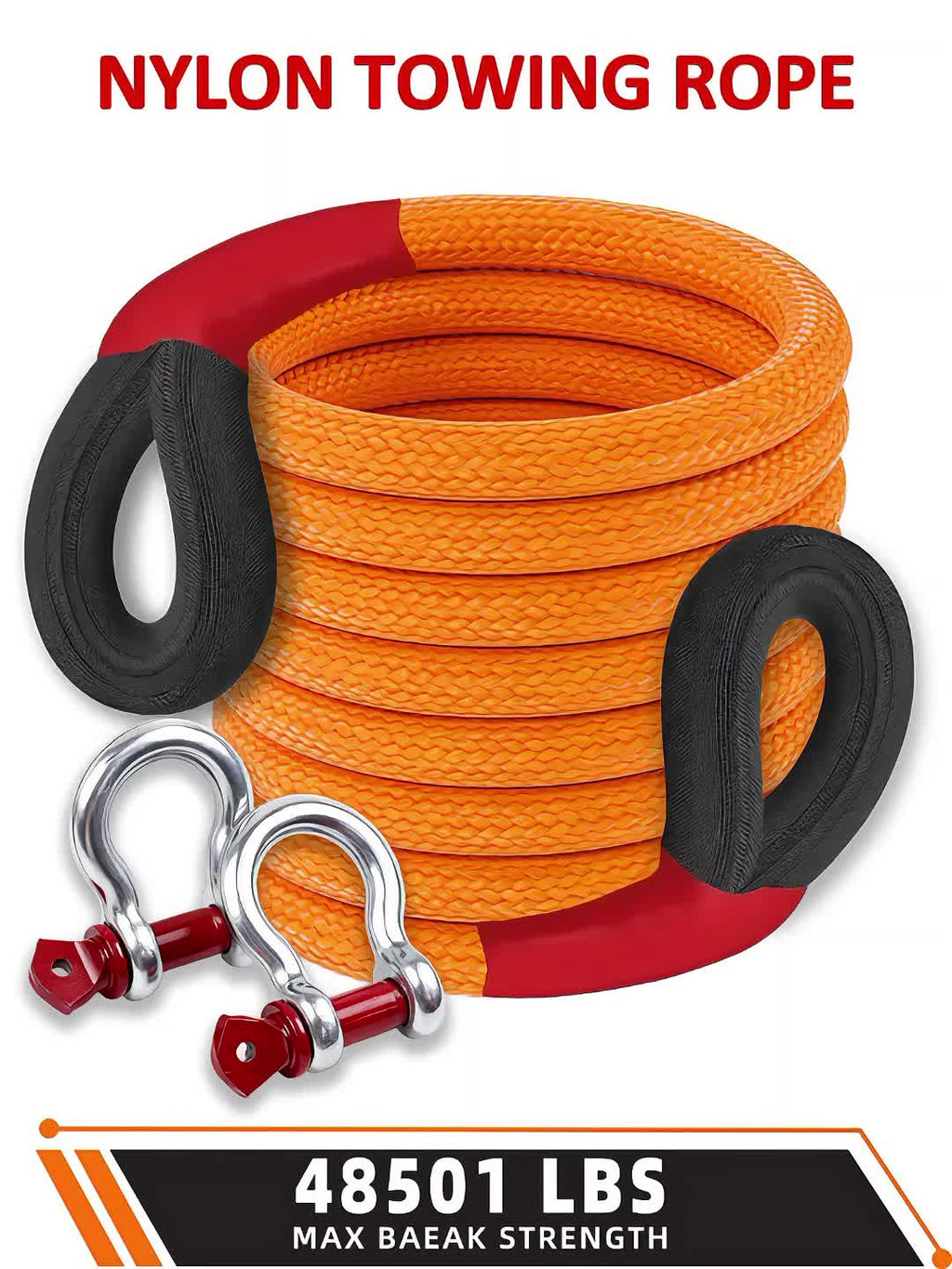 Heavy Duty Tow Rope, 22 Ton/48501 Lbs High Strength Nylon Kinetic Recovery Rope, with Bow Shackles And Storage Bag, for Truck SUV UTV ATV Emergency Rescue