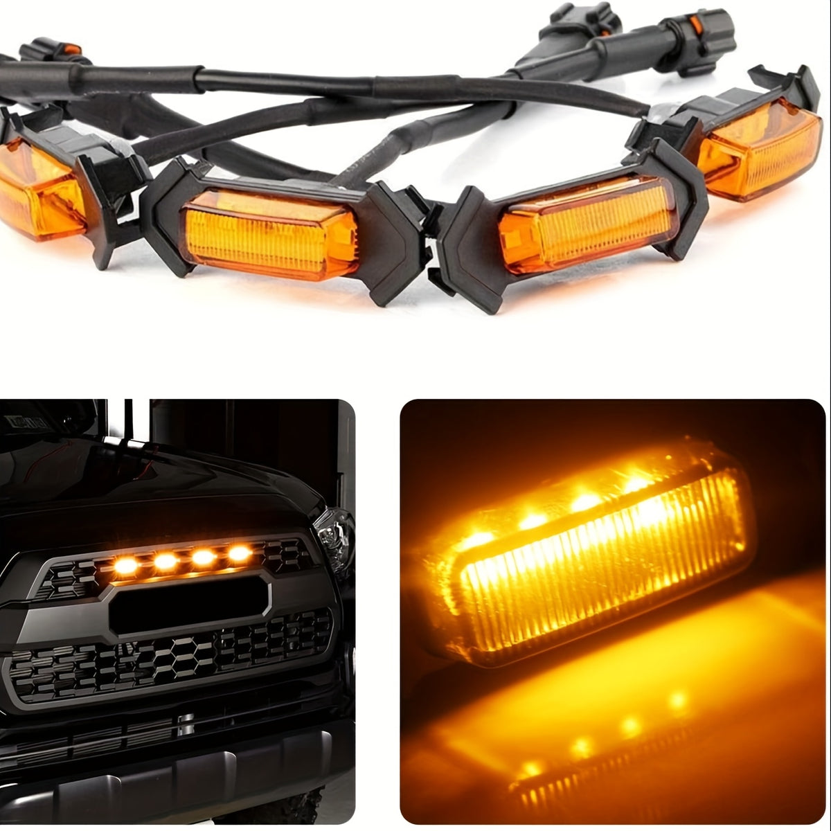 4pcs LED Amber Off-Road Vehicle Lights, LED Grille Lights Set of 4, Amber Accent Lighting Kit for Vehicle Front Grill, 12V Hardwired Automotive Decoration Lights, Universal Fit with LED Source, No Battery Required