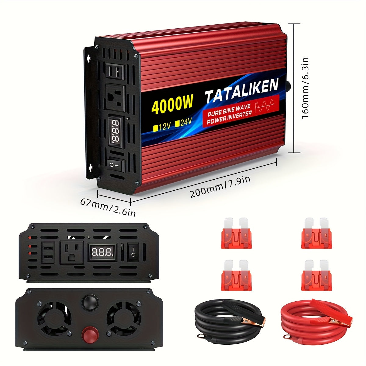 Pure Sine Wave Power Inverter 4000W/1300W Power Automotive Power Inverter - 12V To 110V Converter, LED Voltage Display Is Convenient