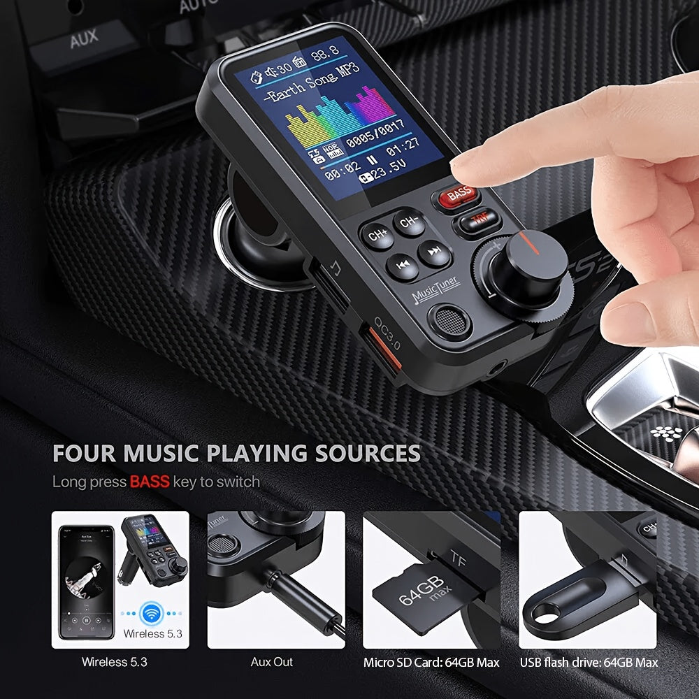Car FM-BT 5.3 Transmitter with Enhanced Microphone, Wireless Car Adapter, 1.8" Color Screen, Hands-Free Calling, QC3.0 Fast Charging, Supports 64GB USB Drive & 64GB TF Card, And Bass/Treble Music Player.