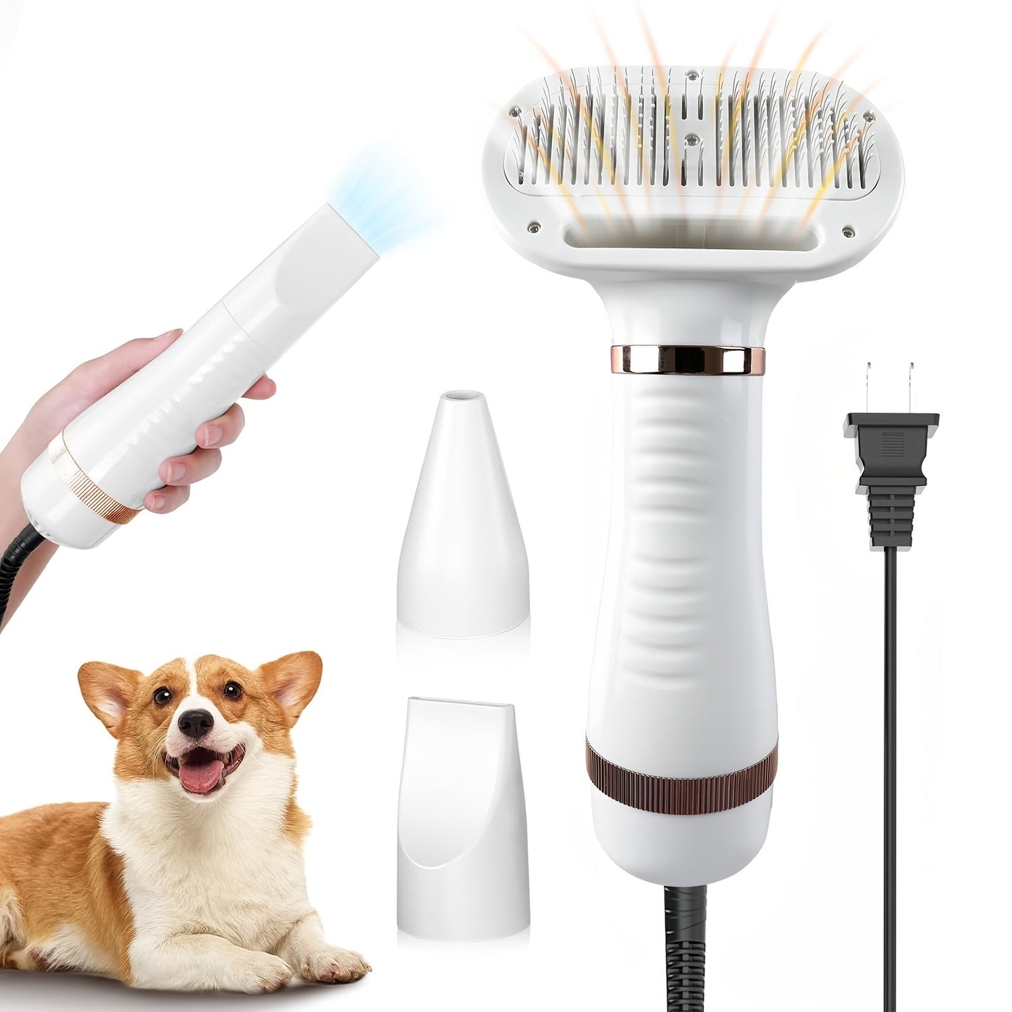 Pet Hair Dryer 2-in-1 with Self-Cleaning Slicker Brush – Portable Dog Blow Dryer for Dogs & Cats, 3 Temperature Settings, Low Noise, Fast Drying Grooming Tool for Home Use