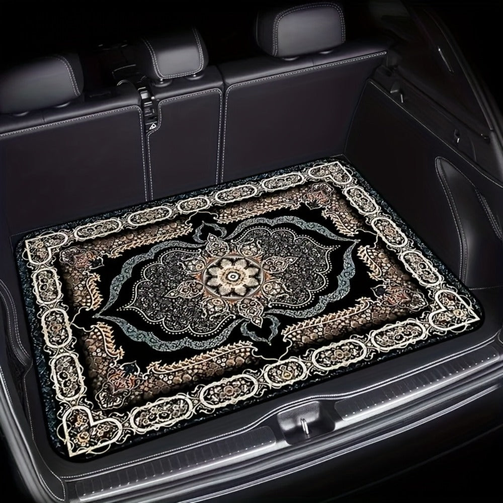Car Trunk Liner Non-Slip Cargo Mat – Soft Dustproof Machine Washable Auto Trunk Protector with Elegant Black & Gold Intricate Pattern for SUV Sedan Universal Fit