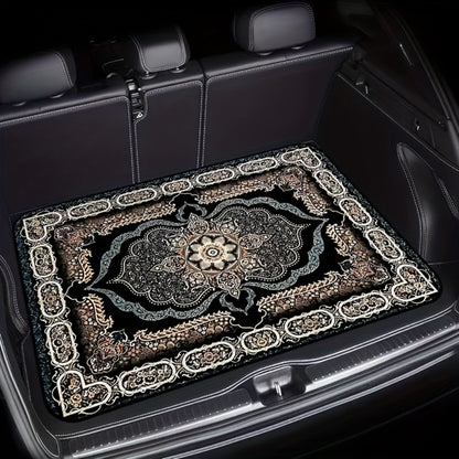 Car Trunk Liner Non-Slip Cargo Mat – Soft Dustproof Machine Washable Auto Trunk Protector with Elegant Black & Gold Intricate Pattern for SUV Sedan Universal Fit