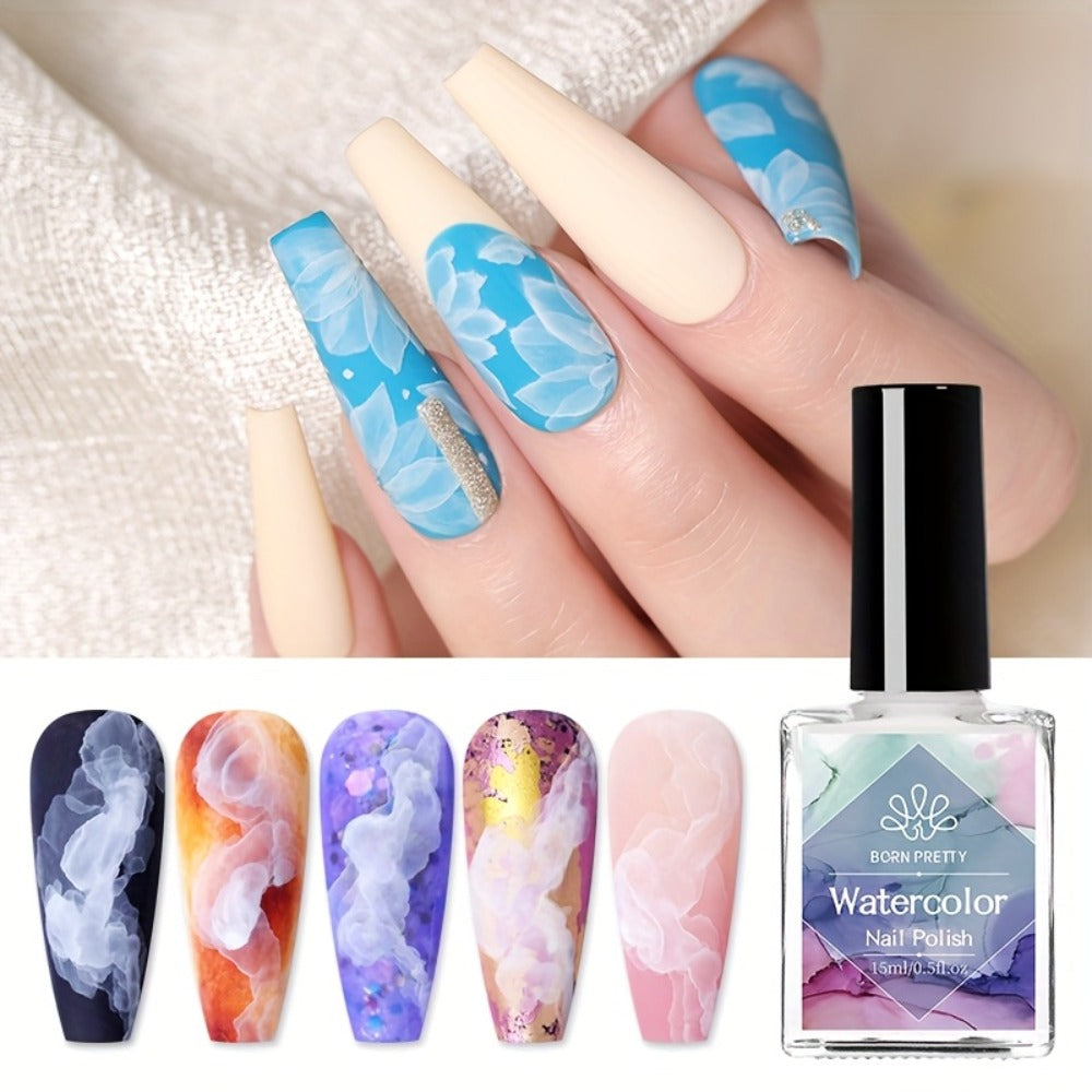 Blooming Gel Nail Polish White Watercolor Gradient Flower Effect — Semi-Permanent Soak-Off LED UV Nail Art Ink, Floral Marble Manicure Tool for Women Home Salon, Bridal Wedding Nails Gift
