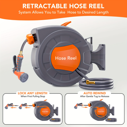 65ft Automatic Garden Hose Reel with 9-Function Sprayer | 180° Swivel, Auto-Rewind & Slow Return System