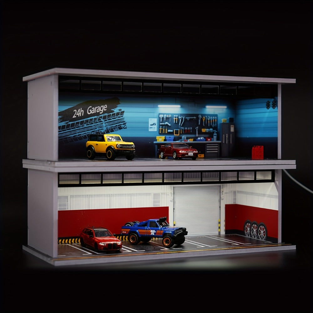 1/64 Scale Diecast Display Case with LED Light & Clear Acrylic Cover – Parking Garage Diorama Showcase with 6 Spaces for Die-Cast Model Cars, Collector Gift