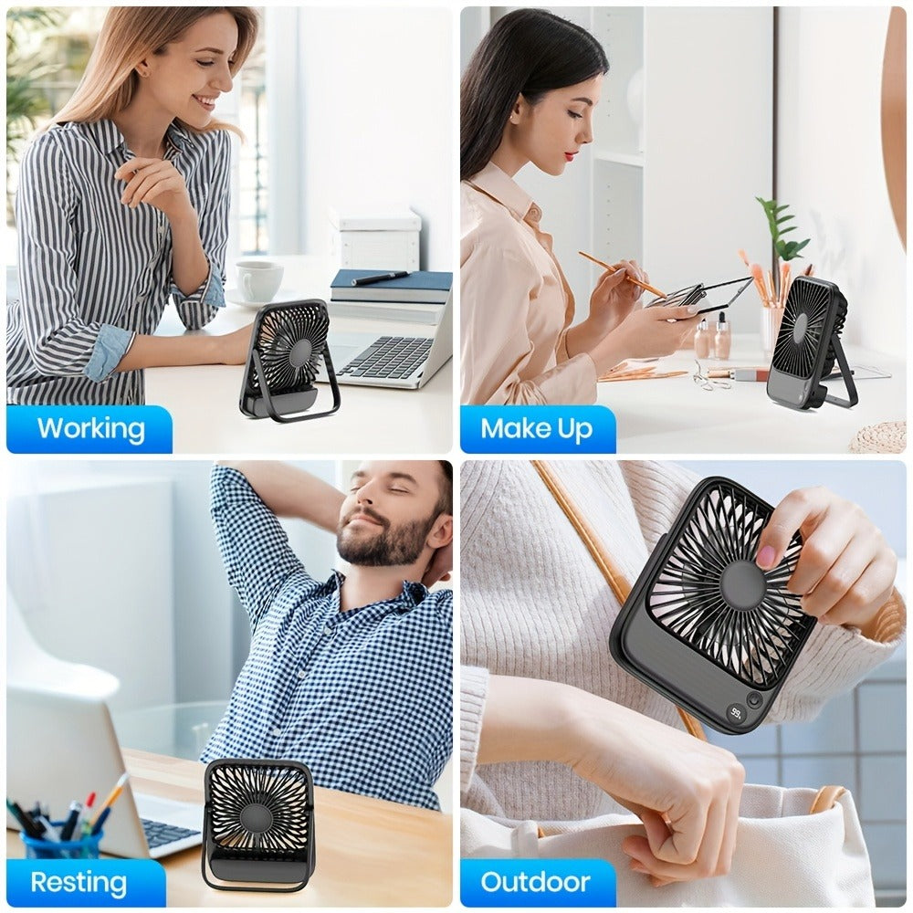 USB Desk Fan Battery Operated | 2000mAh & 5000mAh Rechargeable Mini Personal Fan, 4-Speed Adjustable, 180° Tilt & Foldable, Ultra-Quiet Strong Airflow for Office, Bedroom & Desktop Use – Black, Pink, White