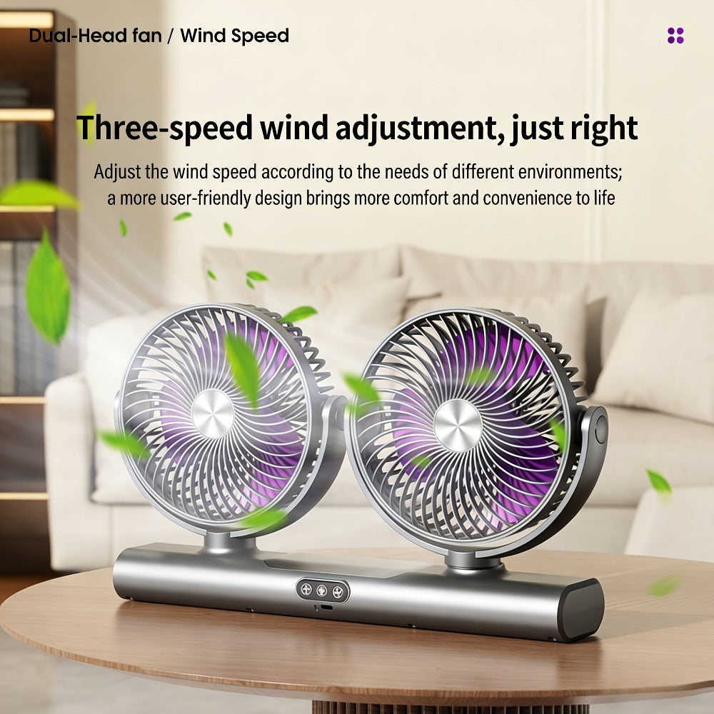 Double Head Air Circulation Fan USB Rechargeable | Desktop & Wall-Mounted 3-Speed Dual-Head Fan with Atmosphere Night Light, Multi-Angle Airflow for Camping, Home & Office – Grey & White