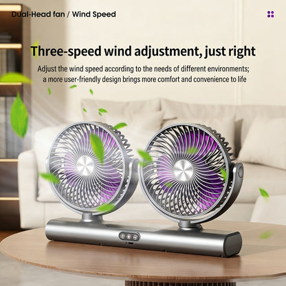 Double Head Air Circulation Fan USB Rechargeable | Desktop & Wall-Mounted 3-Speed Dual-Head Fan with Atmosphere Night Light, Multi-Angle Airflow for Camping, Home & Office – Grey & White