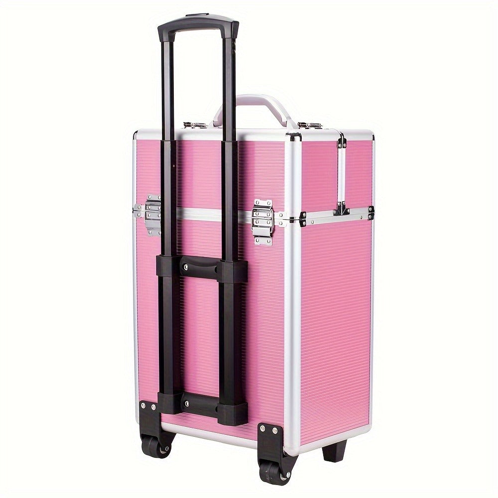 Lockable Aluminum Makeup Train Case with Extendable Trays Multi-Tier Professional Cosmetic Organizer — Portable Salon Travel Beauty Case with Lock Pink Rose Gold