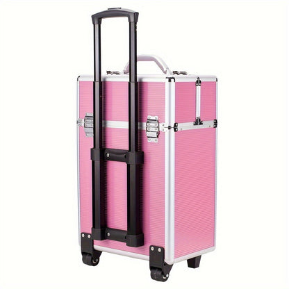 Lockable Aluminum Makeup Train Case with Extendable Trays Multi-Tier Professional Cosmetic Organizer — Portable Salon Travel Beauty Case with Lock Pink Rose Gold