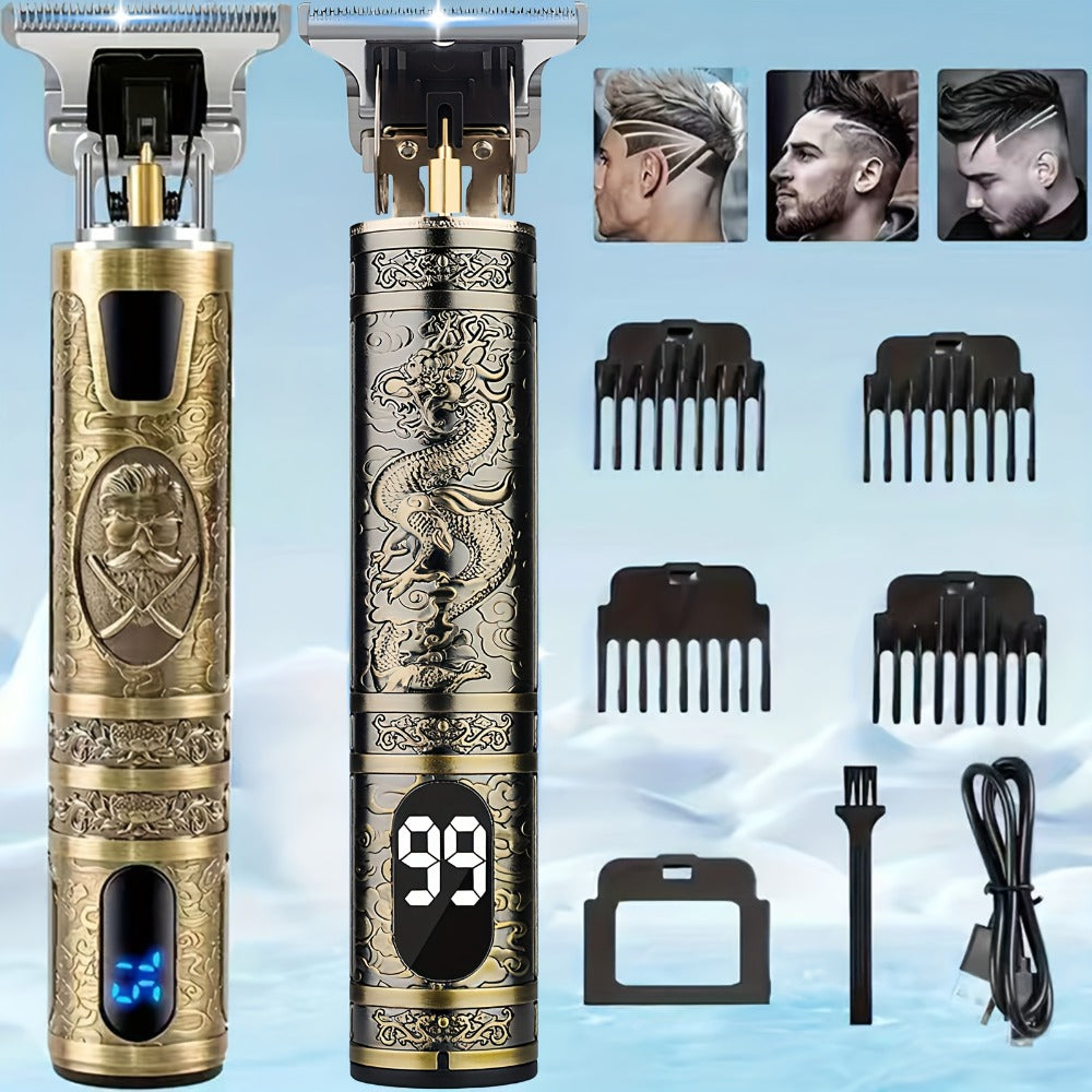 LED Hair Trimmer for Men - T-Blade USB Rechargeable 2000mAh, Vintage Dragon & Mustache Design, 4 Guide Combs, Cordless Precision Grooming, Holiday Gift for Him