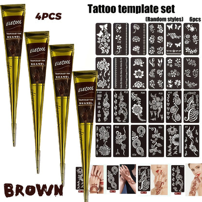Temporary Semi-Permanent Tattoo Paste Kit - Waterproof Body Art Gel in Brown & Black with Tattoo Templates, Safe Non-Irritating Henna-Style Ink for Parties, Festivals, Cosplay & Daily Decoration