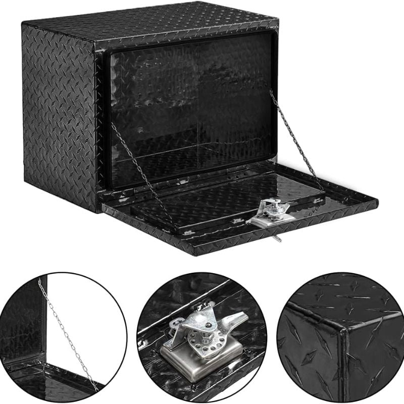 Aluminum truck toolbox with T-shaped handle lock and key, made of aluminum alloy, suitable for storage and organization of trailers, pickups, truck beds, four-wheel drive vehicles, all-terrain vehicles and campers. Black version.