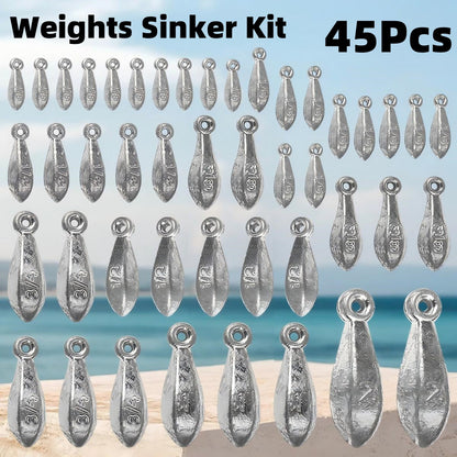 Fishing Sinker Weights Kit 45pcs - Bullet Bank Sinkers for Saltwater & Freshwater Fishing - 8 Sizes (1/8oz to 2oz) Corrosion-Resistant Lead Fishing Weights for Bass, Carp & Bottom Fishing