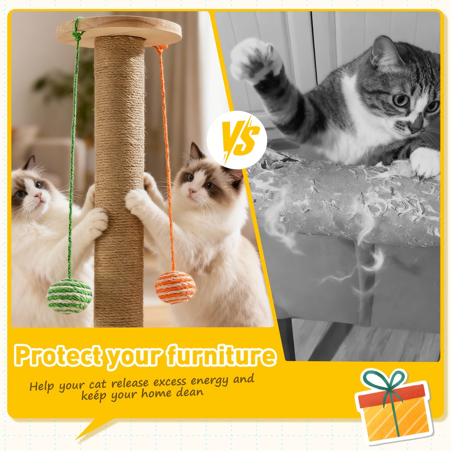Multi-Level Sisal Cat Scratching Post 4-in-1 with 6 Wooden Balls 2 Hanging Balls & 2 Feather Teaser Toys - Premium Thickened Sisal Anti-Slip Base for Indoor Cats M L XL + Replacement Pillars