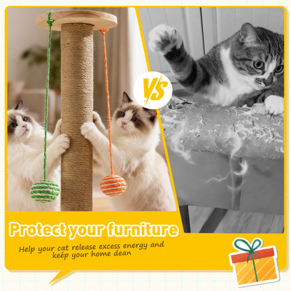 Multi-Level Sisal Cat Scratching Post 4-in-1 with 6 Wooden Balls 2 Hanging Balls & 2 Feather Teaser Toys - Premium Thickened Sisal Anti-Slip Base for Indoor Cats M L XL + Replacement Pillars
