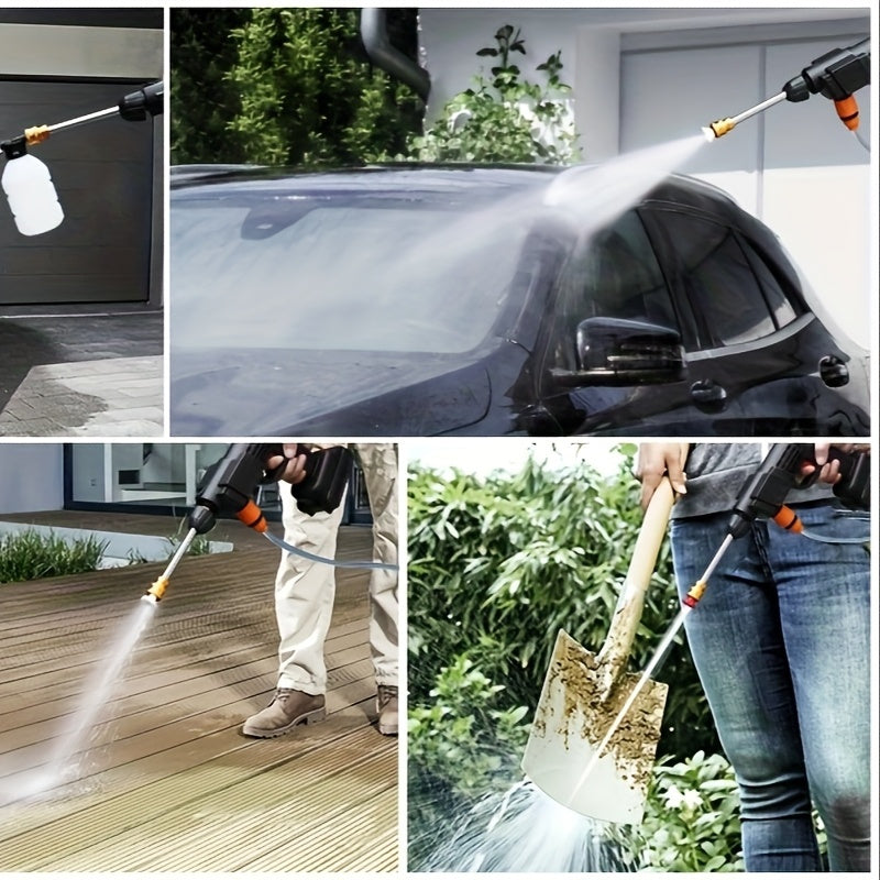 Wireless High-pressure Cleaner with Rechargeable Battery, Available in 1-battery or 2-battery Options. Battery-powered, Suitable for Cars, Yards, Driveways, and Gardens. Features a Green Stainless Steel Foam Nozzle. Portable Electric Car Wash Tool