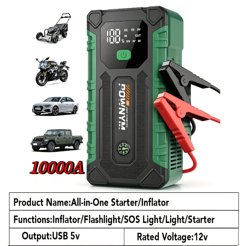 10000A Portable Car Jump Starter Optional10000A Portable Car Jump Starter (with 350PSI Tire Inflator) 9-in-1 Car Battery Charger Jump Starter Accessories And Tools LED Light USB Type-C And Output Interfaces Fast Charging Function, Suitable As Gift