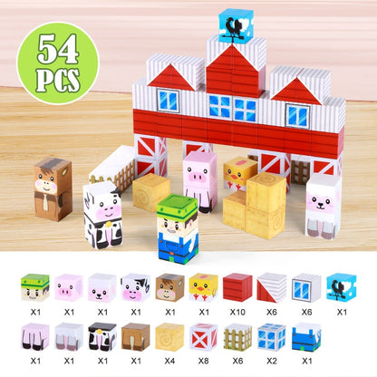 Farm Animal Magnetic Blocks 54pcs STEM Educational Toy – Farm Theme Magnetic Cubes with Animals & Farmer, Creative Learning Building Set, Birthday Easter Christmas Gift for Kids