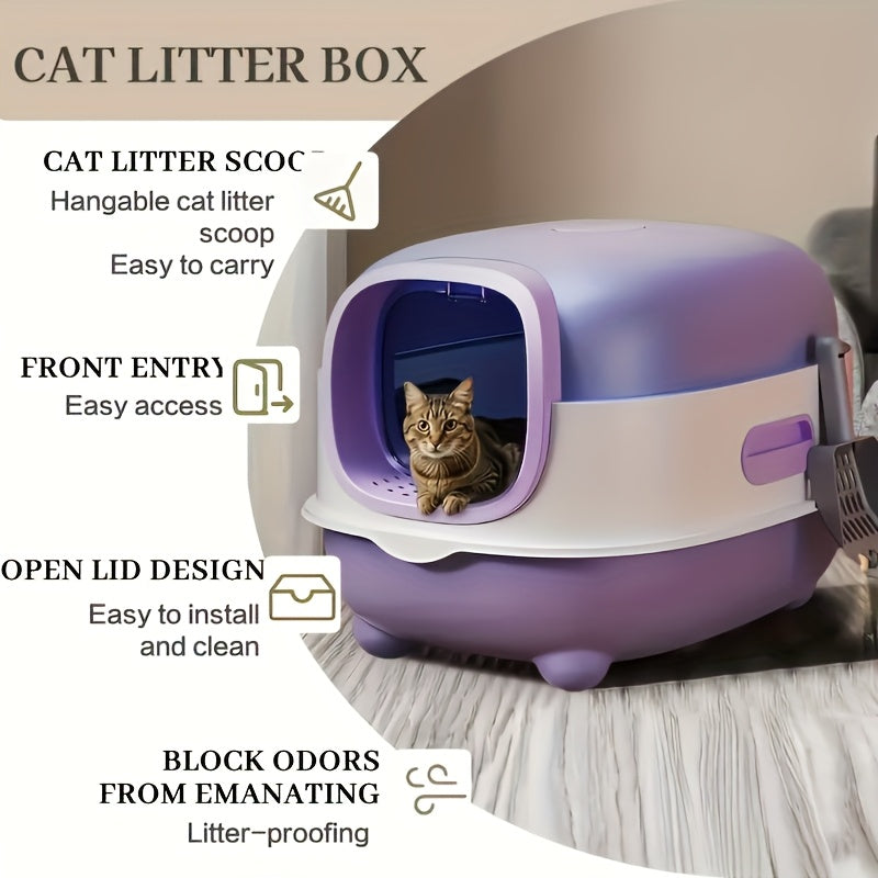Covered Cat Litter Box with Scoop – Fully Enclosed Hooded Design, Spill-Proof & Odor-Reducing | Easy to Clean, Assemble & Store | Spacious Interior for Small to Medium Cats | Blue, Gray or Purple
