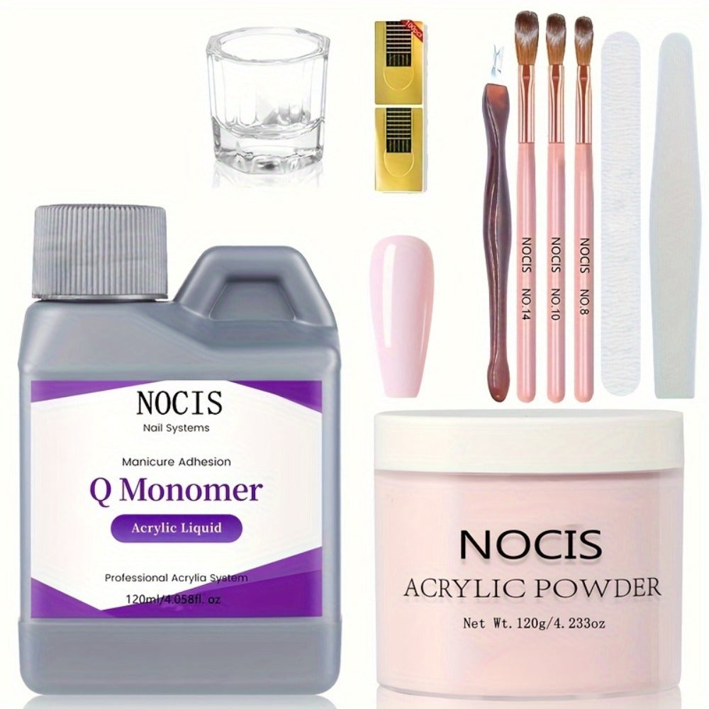 120g Peach Pink Acrylic Nail Kit 10-Piece — Crystal Powder Monomer Liquid Nail Brush Forms Complete Starter Set for Nail Extensions Salon & Home Use