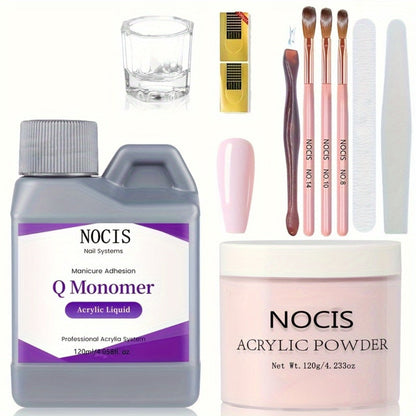 120g Peach Pink Acrylic Nail Kit 10-Piece — Crystal Powder Monomer Liquid Nail Brush Forms Complete Starter Set for Nail Extensions Salon & Home Use