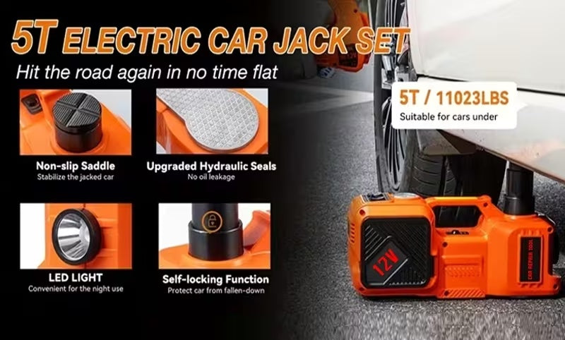 5 Ton Electric Hydraulic Car Jack Kit | 12V DC, 3-in-1 with Tire Inflator Pump, LED Flashlight, and Electric Impact Wrench, Alloy Steel, Ideal for Car, SUV, MPV, Truck Tire Change and Emergency Repair
