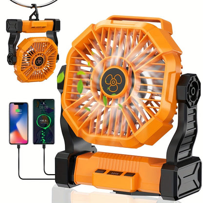 Portable Outdoor Fan 20000mAh, 3-in-1 Rechargeable Camping Fan with LED Lantern & Power Bank, Timer Rotation Hook for Tent Golf BBQ Travel Party Power Outage, Pink Green Black Orange Purple Blue