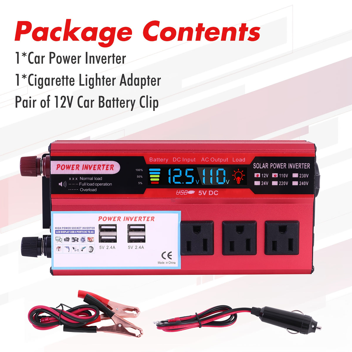 5500W Peak Power Inverter, Car Pure Sine Wave Inverter DC 12V to AC 110V, with LCD Digital Display And 4 USB Ports, 3 US Sockets, Fast Charging for Vehicles Trucks Rvs And Outdoor, Without Battery