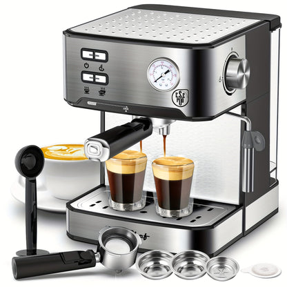20 Bar Espresso Machine 950W – Stainless Steel Espresso & Cappuccino Latte Maker with Steam Wand Milk Frother, 49.03oz Water Tank, ESE Pod Filter, Home Barista Coffee Machine – Black, Pressure Gauge