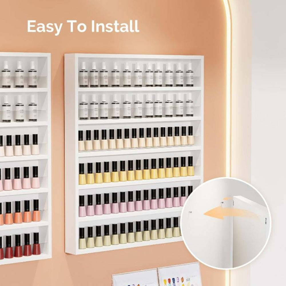 Wall Mount Nail Polish Rack 6 Tier Holds 120 Bottles with Acrylic Baffles — Large Nail Varnish Display Shelf Organizer for Salon Home White Black