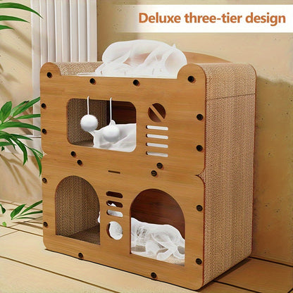 Cat Tree Condo House with Scratching Board - Multi-Level Cat House for Indoor Cats with Dual Scratching Posts, Plush Balls & Ventilation Doors, 21 Inch Spacious Cat Tower for Kittens & Adult Cats, Double Layer & Three Floor Options