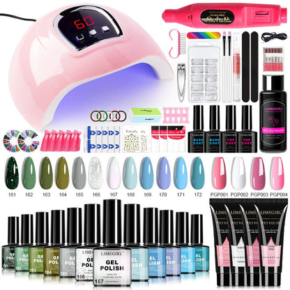 Gel Nail Polish Kit with UV Lamp & Electric Nail Drill - 12 Colors Gel Polish Set, Poly Extension Gel, Top & Base Coat, Glitter Nail Art Complete Starter Set for Home Salon, Beginner Gift