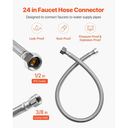 Braided Stainless Steel Faucet Supply Line - 304 SS Exterior, Lead-Free TPV Inner Tube, 3/8" Comp x 1/2" FIP, NSF & CUPC Certified, for Bathroom Kitchen Sink Faucet, 16in/10pcs or 24in/2pcs