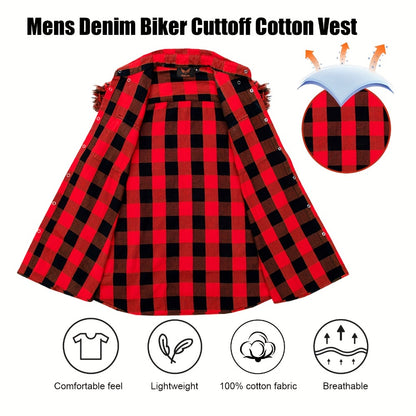 Men's Plaid Sleeveless Shirt with Fringe Hem, Checkered Cotton Button-Up Vest Top, Crew Neck Regular Fit for Streetwear Beach Vacation, Sizes M-XXXXL, Multi-Color