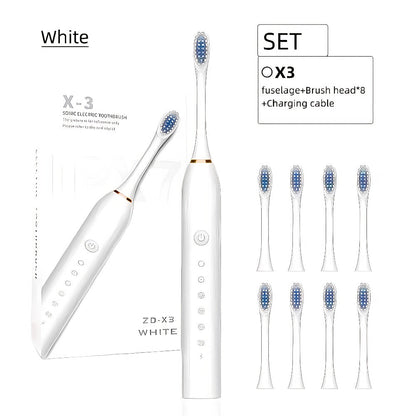 Rechargeable Electric Toothbrush 6 Cleaning Modes with 8 Brush Heads - USB Charge, Soft Bristles, Portable for Travel & Home Use, Oral Care Toothbrush for Men & Women - Black / White / Pink